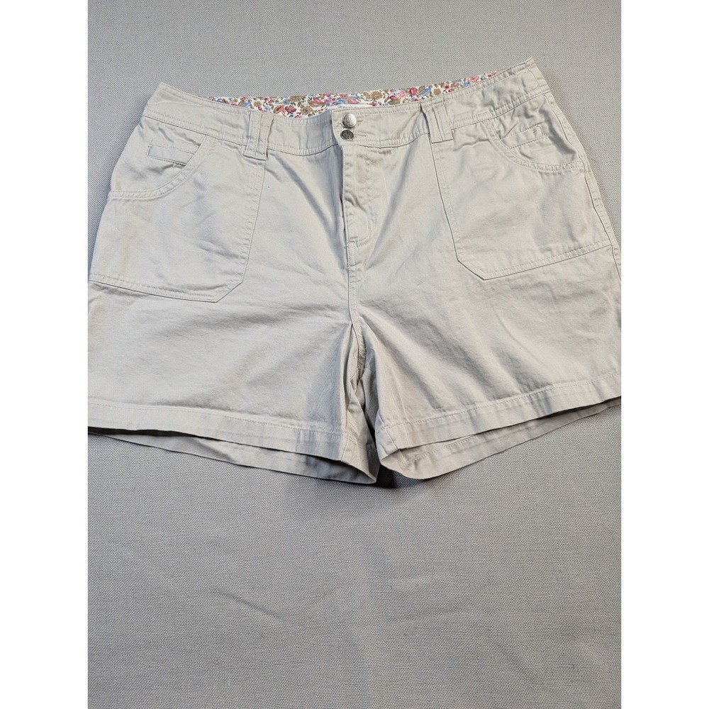 Dressbarn Womens Khaki Chino Shorts Size 14 Tan Cotton Twill Floral Waistband